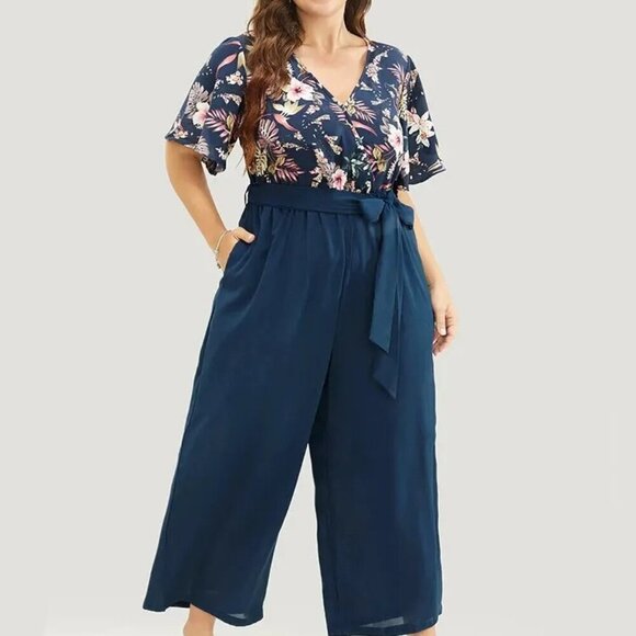 Bloomchic Pants - NWT Bloomchic Navy Blue Floral Patchwork Belted Jumpsuit Size 1X 14/16